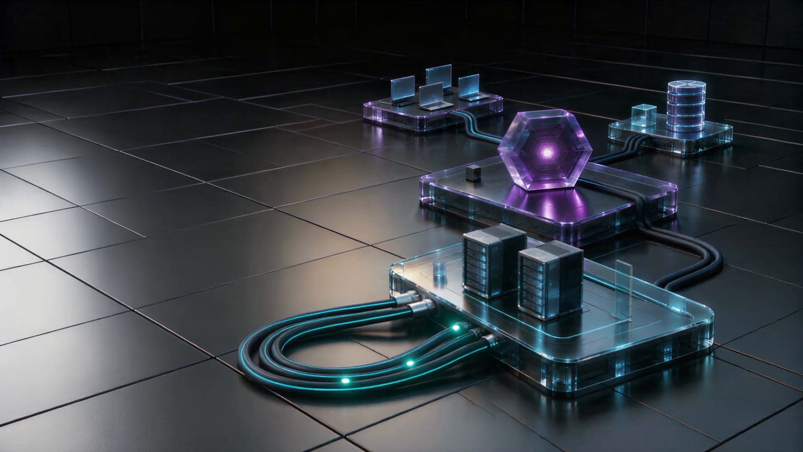 Illustration of the range: workstations, a core, a database and servers on glass platforms, joined by cables
